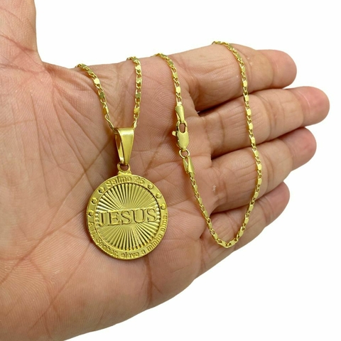 Corrente 2mm Piastrine Premium + Pingente Jesus redondo Banhado Ouro 18k