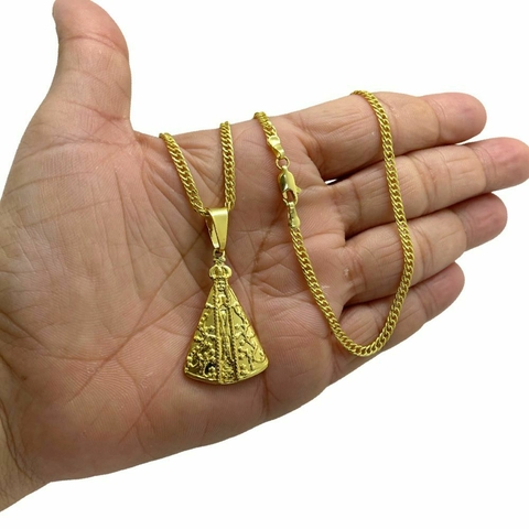 Corrente 2mm Grumet Premium + Pingente Nossa Senhora Banhado Ouro 18k