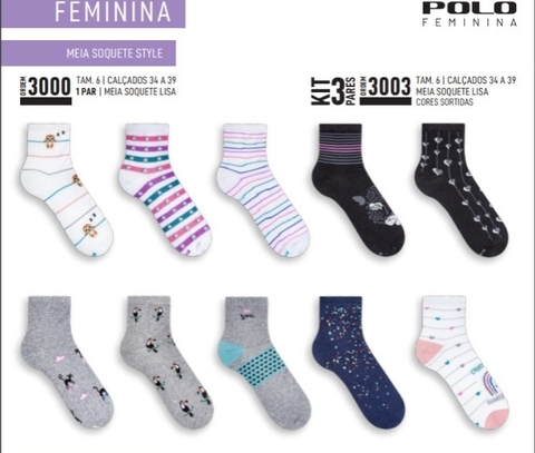 Kit 3 Pares De Meia Soquete Feminina Polo Sortido 3003