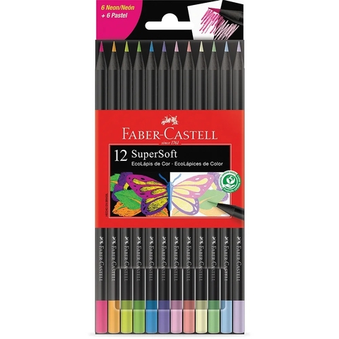 LÁPIS DE COR FABER-CASTELL 12 CORES SUPER SOFT (6 NEON E 6 TONS PASTEL)/CÓD.36552