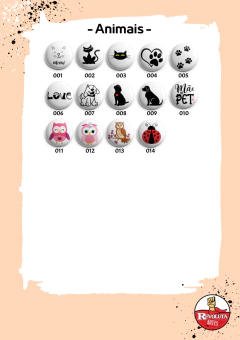 Catálogo de bottons e/ou imãs, com estampas de Animais,