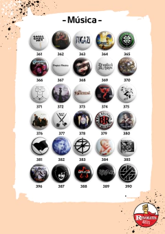 Catálogo de bottons ou imãs, estampas de música, bandas, cantores e cantoras.