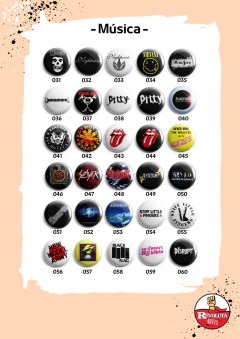 Catálogo de bottons ou imãs, estampas de música, bandas, cantores e cantoras.