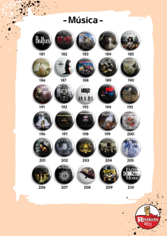Catálogo de bottons ou imãs, estampas de música, bandas, cantores e cantoras.