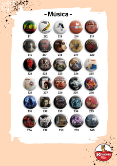 Catálogo de bottons ou imãs, estampas de música, bandas, cantores e cantoras.