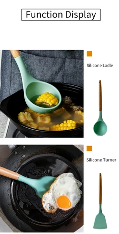Kit de utensílios de cozinha de madeira, conjunto de silicone para culinária, - Blue Bird