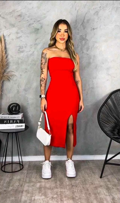 Vestido Feminino Mídi Tomara Que Caia Com Fenda Moda