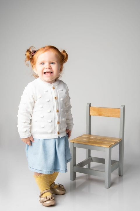 Cardigan Casaco Tricot Popcorn Branco