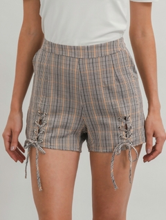 Shorts Feminino Xadrez Poliéster Reto Tipo Alfaiataria Casual Social