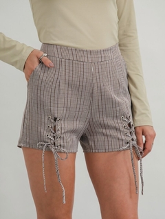 Shorts Feminino Xadrez Poliéster Reto Tipo Alfaiataria Casual Social
