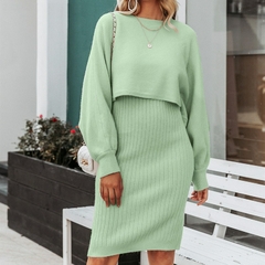 Conjunto de 2 peças de tricô feminino elegantes suéter solto + cintura alta fino - La Femme Chic