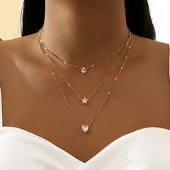 Colar simples com pingente multicamadas feminino em forma de estrela e coração, joias douradas, 3 peças