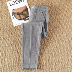 Calça feminina de lã fashion outono inverno cintura alta