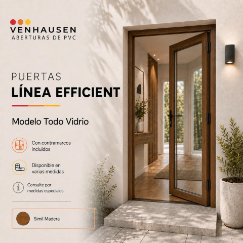 Puerta de PVC EFFICIENT Todo Vidrio DVH 4/12/4 1,00 x 2,05 Simil Madera Golden Oak - Jet Black Negro