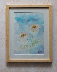 Pintura "Margaritas" Acuarela Original - Frescura Floral y Marco Artesanal Marupá en internet