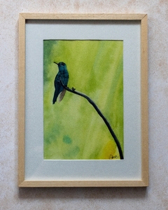 Cuadro "Colibrí Posando" Acuarela Original Única - Marco Artesanal Marupá en internet