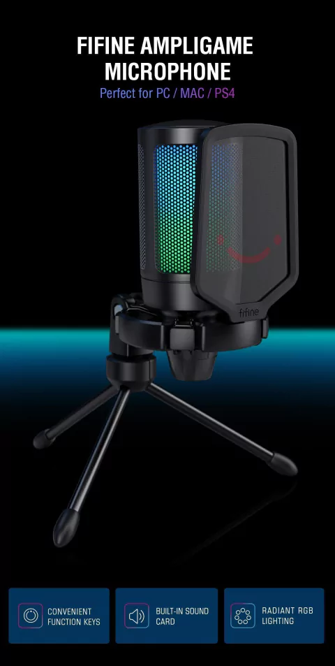 Microfone USB Ampligame FIFINE para jogos Streaming com filtro Pop Shock Mount &