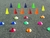 Cones de treinamento esportivo coloridos, incluindo cones e pratinhos em várias cores.