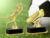 Troféus de ouro representando um goleiro fazendo uma defesa e uma chuteira, simbolizando artilheiro e melhor goleiro.