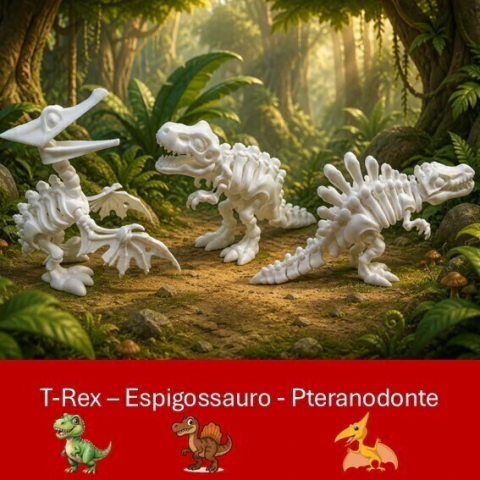 Kit 3 Dinossauros Articulados 3D Brancos — T-Rex, Espinossauro e Pteranodonte