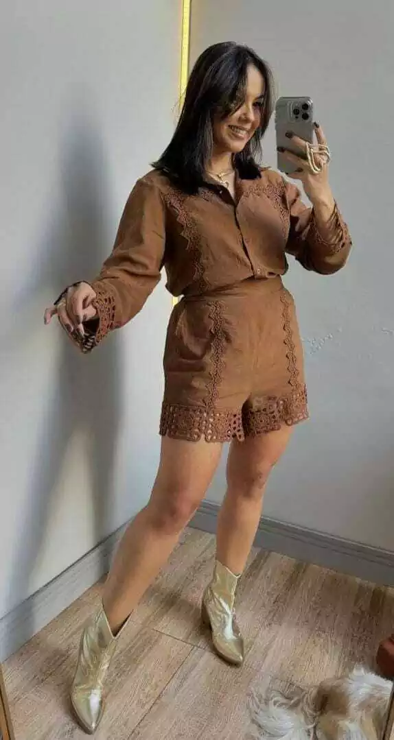 Conjunto Camisa e Short Crochê Liz Marrom