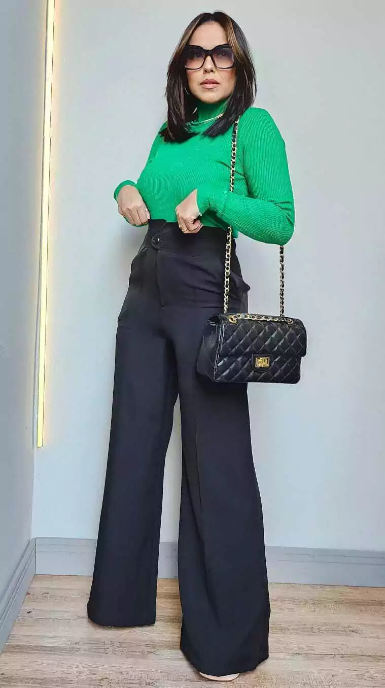 Calça Alfaiataria Pantalona Cintura Alta Preta