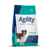 Bolsa de alimento seco para cachorros Agility de 20 kg, con un perro de raza mixta en la etiqueta.