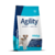 Bolsa de alimento seco para perros adultos de la marca Agility, diseñada para razas pequeñas, con un perro en la imagen y un fondo azul claro.