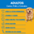 Imagen de un perro dorado sonriente junto a información sobre el alimento para perros adultos sabor carne, pollo y cereales de Pedigree.