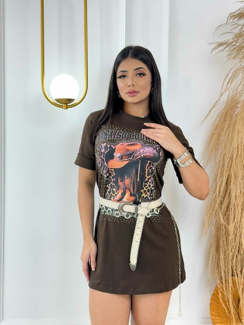 Max T-shirt country estampa bota com strass marrom