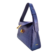 BOLSA EM COURO LEGÍTIMO CROCO ALÇA DE BRAÇO E MÃO VERONA AZUL