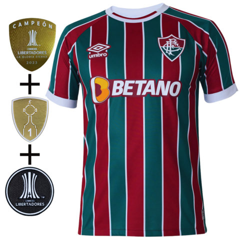 Camisa Umbro Fluminense I Home 2023/24 + Patchs de Campeão Conmebol Copa Libertadores 2023 - Torcedor Masculino - VERMELHA E VERDE