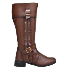 Bota Feminina Montaria Cano Alto Longo Ziper Lateral Marrom Salto Baixo Com Fivela Com Metais 229 na internet