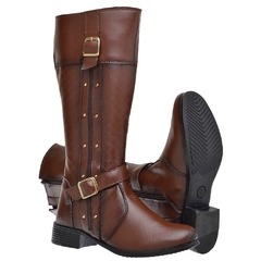 Bota Feminina Montaria Cano Alto Longo Ziper Lateral Marrom Salto Baixo Com Fivela Com Metais 229