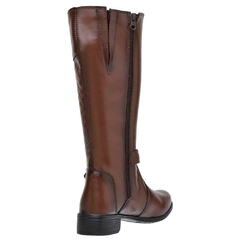 Bota Feminina Montaria Cano Alto Longo Ziper Lateral Marrom Salto Baixo Com Fivela Com Metais 229 - B&A Shoes