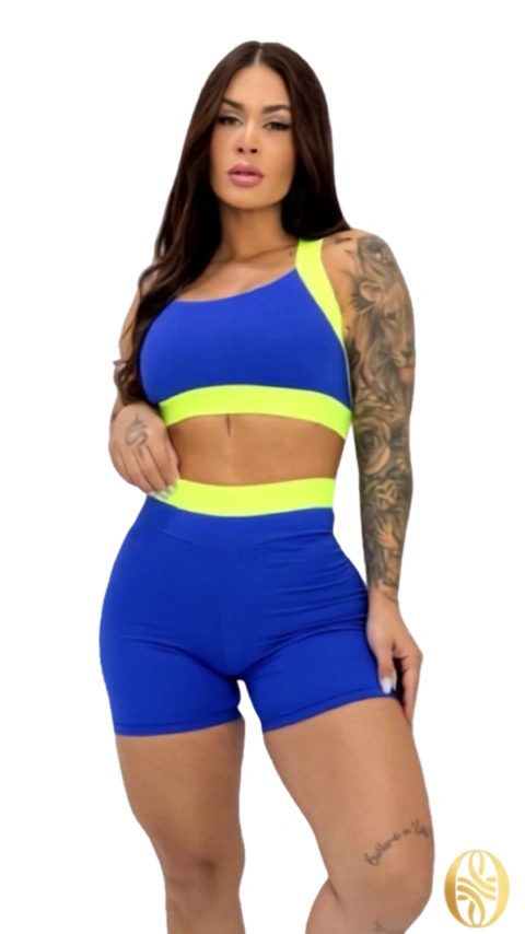 Conjunto short poliamida faixa azul