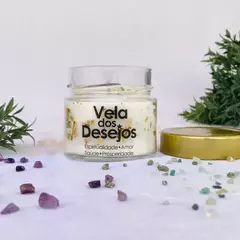 Vela Aromática com Cristais - Vela dos Desejos - Alecrim - Qtz Rosa / Qtz Verde / Citrino e Ametista - 150g