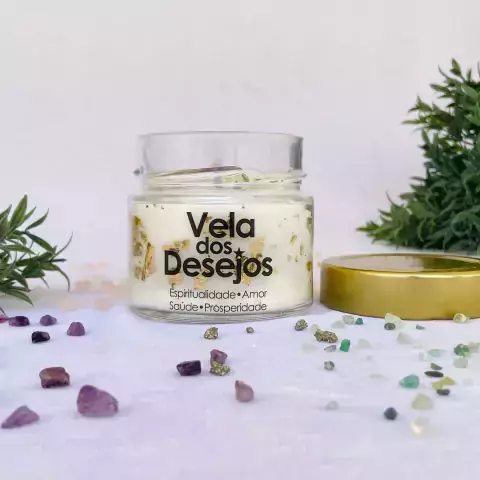Vela Aromática com Cristais - Vela dos Desejos - Alecrim - Qtz Rosa / Qtz Verde / Citrino e Ametista - 150g