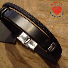 PULSERA DE PIEL PLANA NEGRA DOBLE, CON MOTIVO NEGRO Y BROCHE PLATEADO