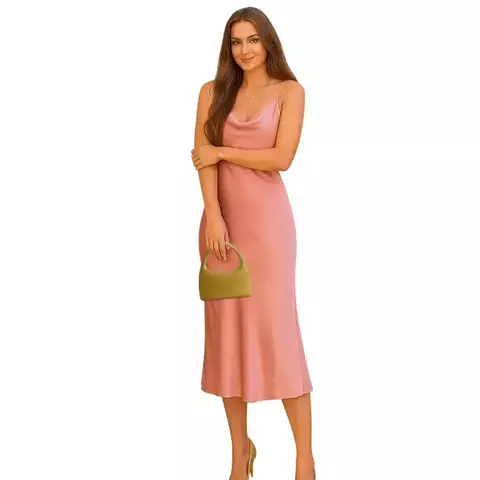 Mujer con vestido rosa largo sosteniendo bolso gold mini pequeño con asa corta