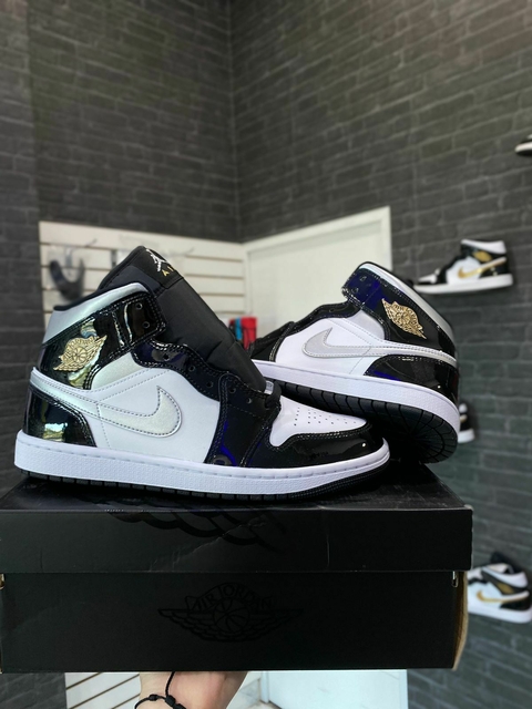 JORDAN 1 MID PATENT BLACK METALLIC SILVER TALLA 28CM ORG