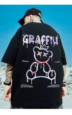 Camiseta gráfica de urso de grafite Harajuku masculina, camiseta grande, casual - loja online
