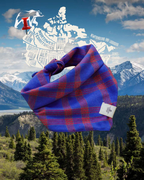 Bandana pet Yukon azul com estampa xadrez vermelha, sobre cenário de montanhas e floresta, com mapa estilizado do Canadá ao fundo