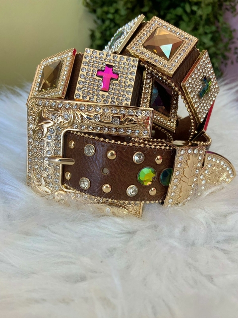 Cinto county marrom com pedraria marrom