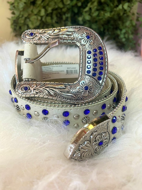 Cinto country prata com pedraria azul e cinza
