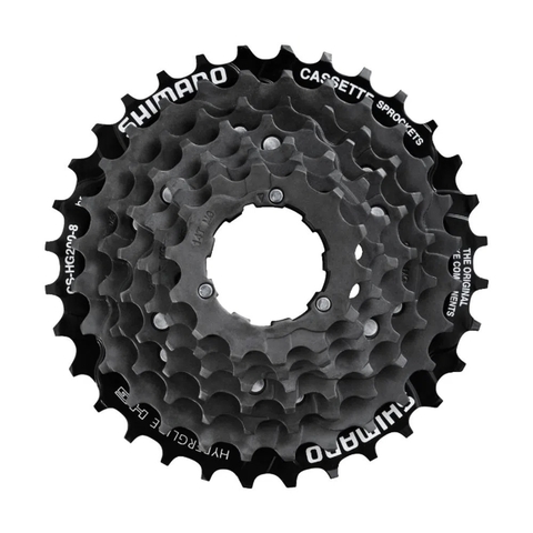 Cassete de bicicleta da marca Shimano, modelo Cs-Hg200, projetado para 8 velocidades com engrenagens que variam de 12 a 32 dentes.