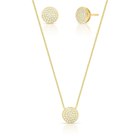 Conjunto Brinco e Colar c Pingente Cravejado em Zircônia Redondo Banho Ouro