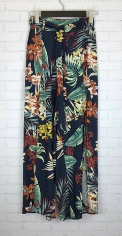 Calça Pantalona Floral Com Fenda Azul