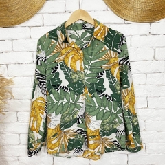 Camisa Blusa Feminina Social Caribenha Verde e Amarelo Folhas
