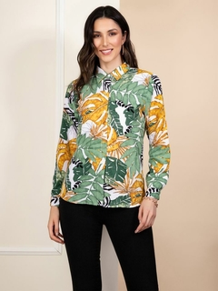 Camisa Blusa Feminina Social Caribenha Verde e Amarelo Folhas - comprar online